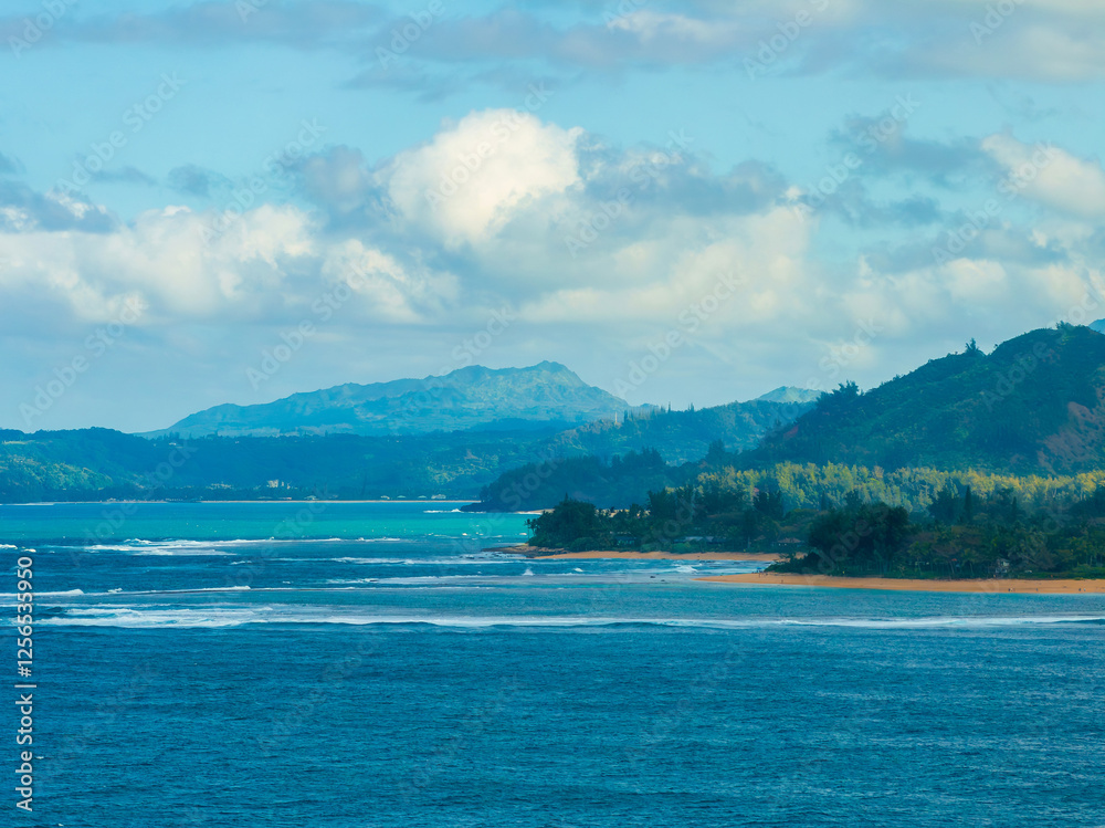 Aerial view of Kauai island's coastline showing turquoise ocean, sandy beach, lush green vegetation, and rolling hills under a partly cloudy sky. Aerial view of Kauai island's coastline showing turquoise ocean, sandy beach, lush green vegetation, and rolling hills under a partly cloudy sky.