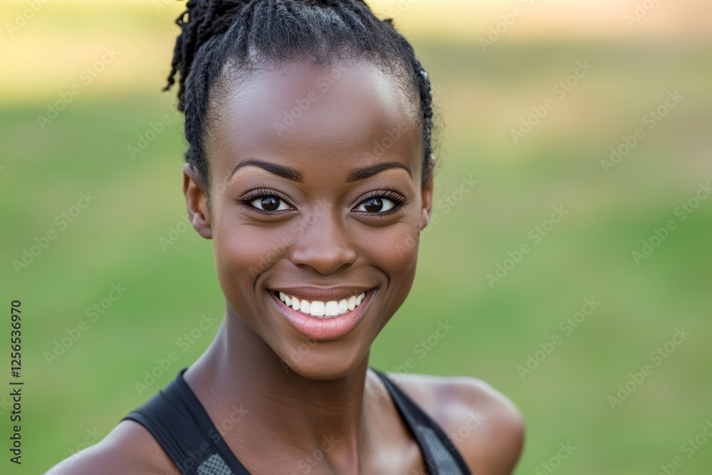 Smiling african female adult in outdoor setting with natural hairstyle Smiling african female adult in outdoor setting with natural hairstyle