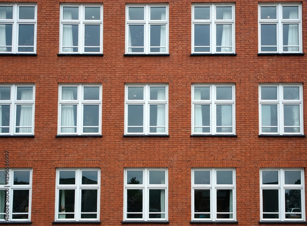Front view of building with white windows, red brick wall in Copenhagen Denmark. Windows with curtains. Facade detail. Urban landscape. Cityscape pattern. Architecture background. Travel destination.