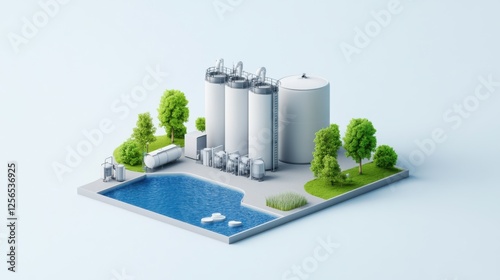 Industrial facility with storage tanks, water body, green trees, and environment-friendly setup in 3D view