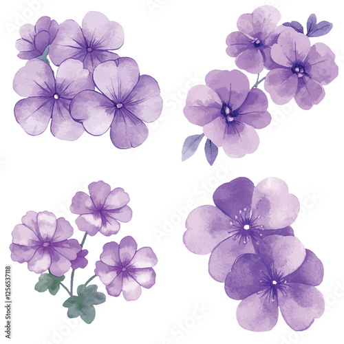 Pink geranium watercolor set hand drawn