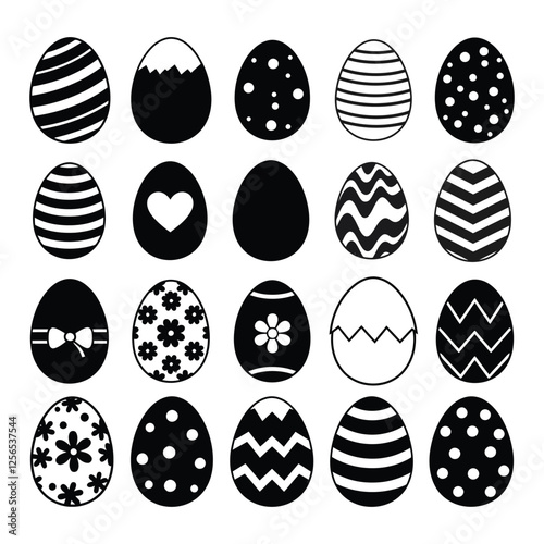 Easter eggs drawing clipart set. Happy easter egg flat clip art collection in silhouette and multicolored paint art for traditional hunting celebration. Vector illustration flat oval shape elements.