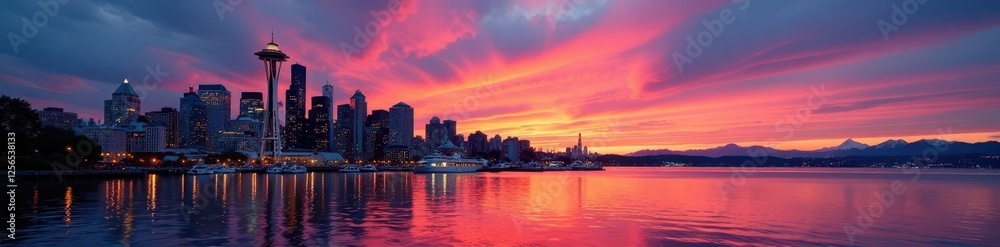 Dramatic Puget Sound sunset hues paint Seattle's iconic waterfront skyline , golden hour, Seattle
