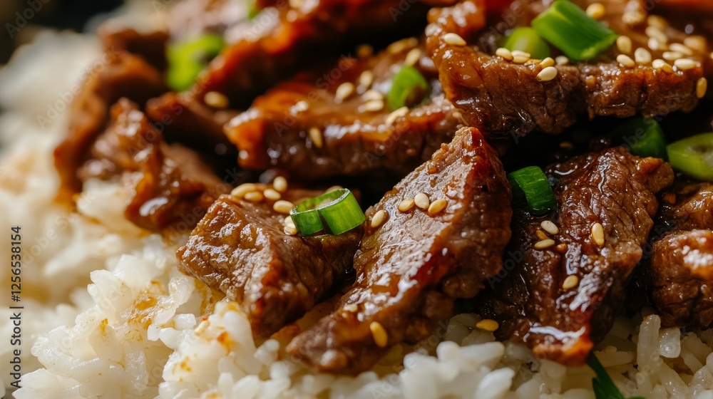Close-up of rice with spicy Korean BBQ beef. Featuring tender beef marinated in Korean BBQ sauce and served over rice. Emphasizing a spicy, flavorful Korean dish. Ideal for Korean BBQ recipes. Close-up of rice with spicy Korean BBQ beef. Featuring tender beef marinated in Korean BBQ sauce and served over rice. Emphasizing a spicy, flavorful Korean dish. Ideal for Korean BBQ recipes.