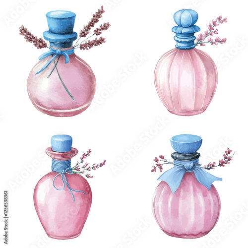 Perfume bottle in soft purple watercolor set hand drawn