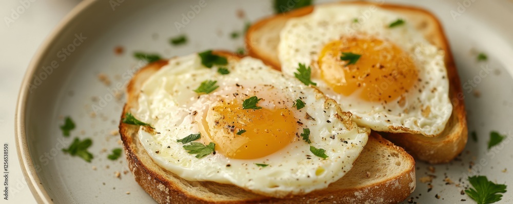 Delicious fried eggs on toast with fresh parsley garnish Delicious fried eggs on toast with fresh parsley garnish
