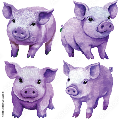 Pink piglet watercolor set hand drawn