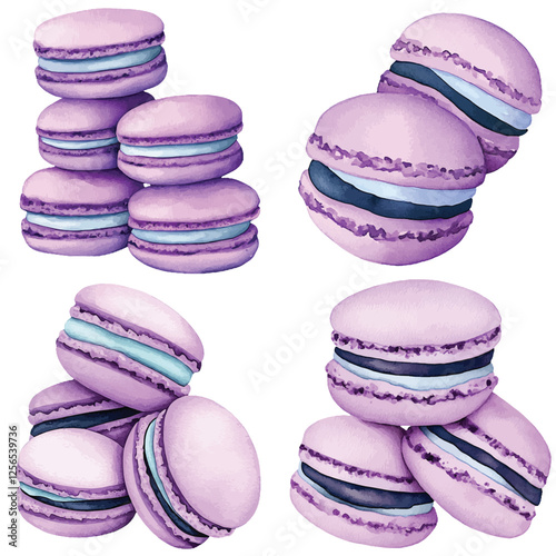 Pink macarons watercolor hand drawn set collection