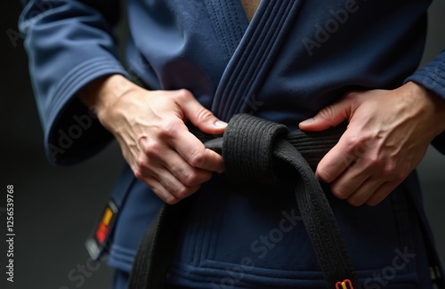 Close up of man tying black belt on blue kimono gi. Male martial artist adjusts belt. BJJ Brazilian Jiu Jitsu uniform. Success in fighting sports. Skill and confidence concept. photo