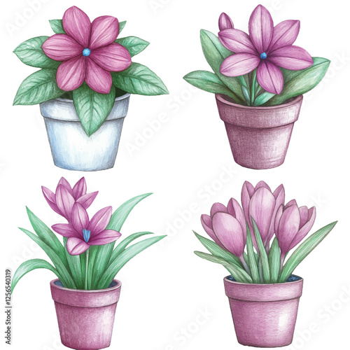 Purple flower pot watercolor set hand drawn