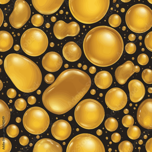 Golden Drops Seamless Pattern: A vibrant and dynamic seamless pattern featuring a captivating arrangement of glistening golden drops against a stark black background.