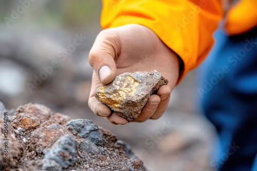 Close-up, a hand holding a rock with visible gold veins, suggesting a mining or prospecting activity.