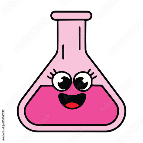 Cute kawaii school lab flask with a happy face, filled with liquid. Adorable cartoon science icon, isolated on white background. Perfect for education and chemistry designs.