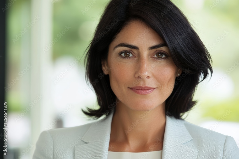 Confident hispanic female adult with short black hair in professional attire Confident hispanic female adult with short black hair in professional attire