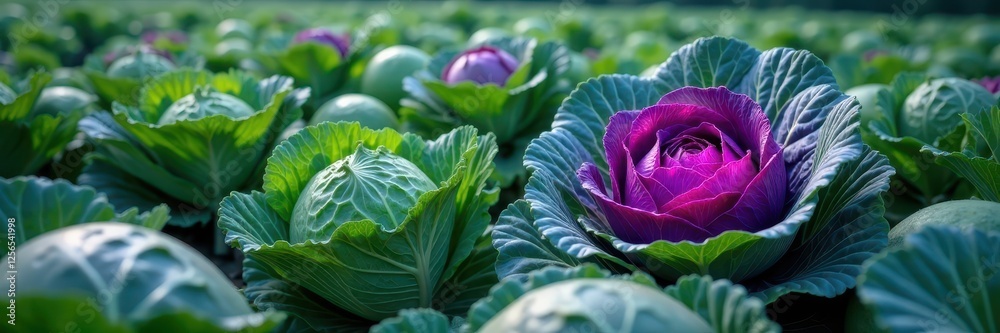 Obraz premium Expansive view of ripe cabbage; vibrant purple and green hues , growth, spring