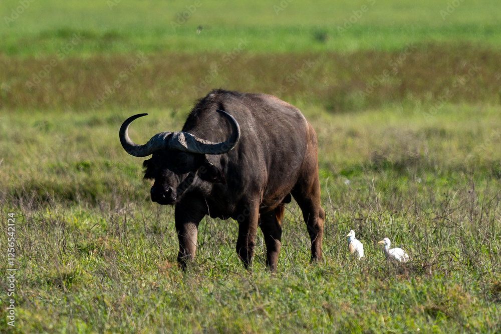 Majestic African Buffalo with Cattle Egrets in the Wild Majestic African Buffalo with Cattle Egrets in the Wild