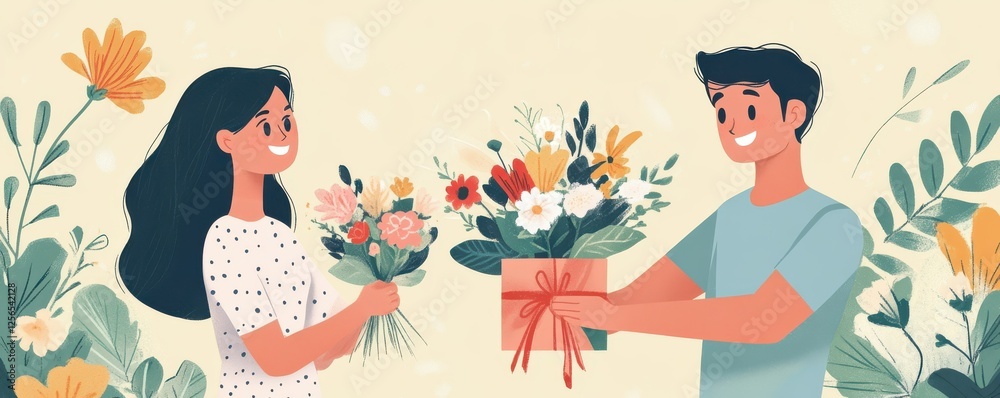 custom made wallpaper toronto digitalAsian young couple exchanging flowers amidst floral background with smiles
