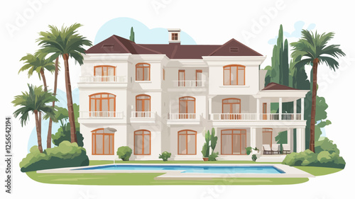 Luxurious Mansion: An image of an opulent mansion with a pool, trees, and clear sky. Illustrates the epitome of luxury living and real estate dreams.