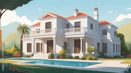 Mediterranean Villa with Pool: A stunning illustration of a luxurious Mediterranean-style villa, complete with a refreshing swimming pool, set against a backdrop of rolling hills and lush greenery.