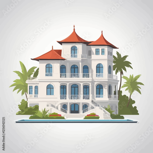 Elegant Residence Amidst Palm Trees: A luxurious architectural marvel with a pristine facade, complemented by lush palm trees and manicured landscape.