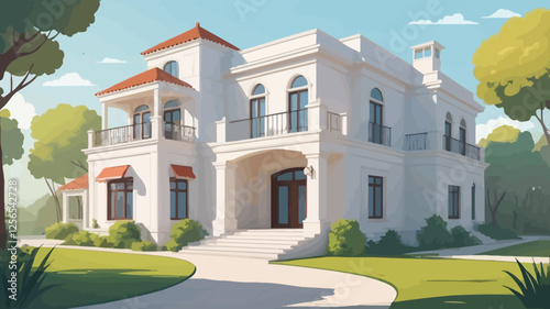 Mediterranean Villa: A stunning illustration of a luxurious Mediterranean-style villa, featuring a white exterior, red-tiled roof, and expansive grounds.