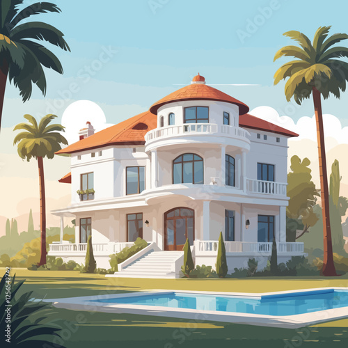 Mediterranean Villa Oasis: An architectural masterpiece with a picturesque, tranquil setting. This luxurious villa features a grand facade adorned with columns and terracotta accents.