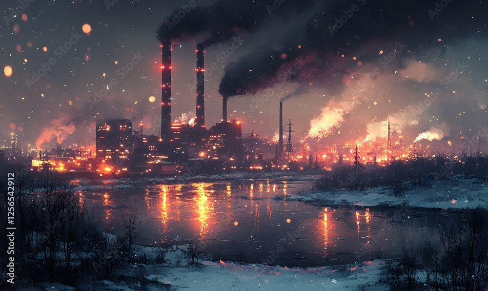 Industrial Nightscape with Reflective Water and Smoky Skies at Dusk, city lights and smoke chimneys Industrial Nightscape with Reflective Water and Smoky Skies at Dusk, city lights and smoke chimneys