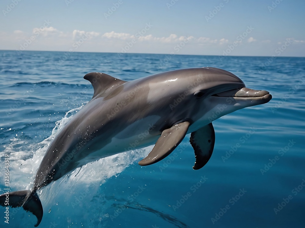 Fototapeta premium Playful Dolphin Jumping in Clear Blue Ocean Waters