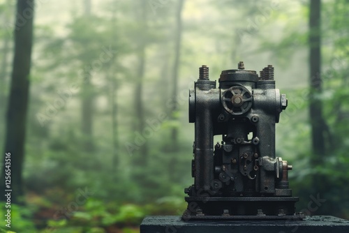 Rustic metallic machinery rests in a misty forest, showcasing intricate details and a weathered texture.