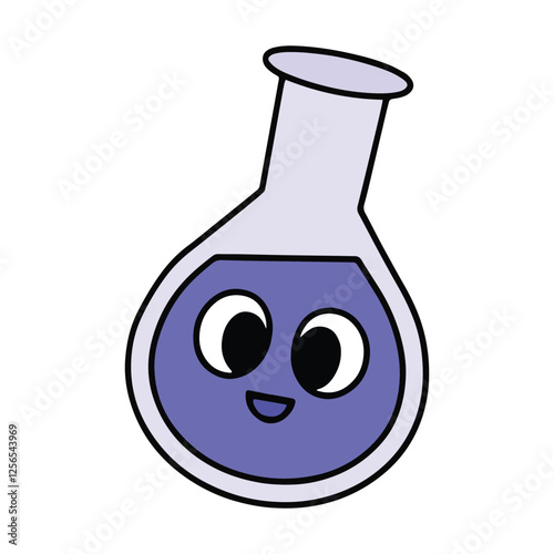 Kawaii school lab flask vector illustration. Cute smiling chemistry flask with liquid inside, isolated on white background. Perfect for science, education, and school designs.