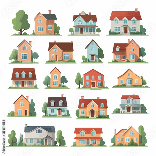 Colorful House Icons Collection: This set of twenty vector illustrations showcases a charming array of colorful house icons, each distinct in style and design.