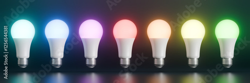 Perfectly Aligned RGB Light Bulbs Glowing in Vibrant Colors.