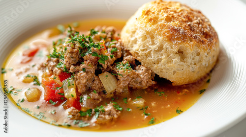 Traditional Irish Stew with Soda Bread Close Up Served on Plate. Delicious Homemade Comfort Food, Hearty Meal, and Rich Flavor. Concept of Cozy Dining, Warmth, Culinary Tradition, Irish Cuisine photo