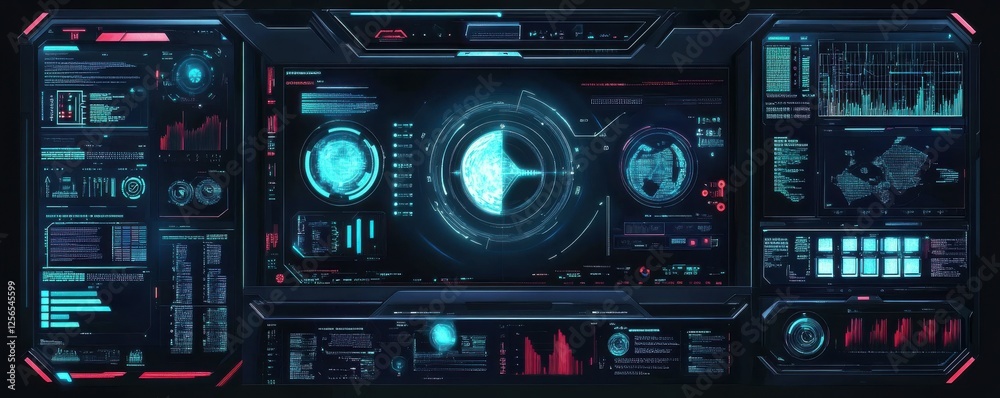 Futuristic digital interface with data and holographic displays Futuristic digital interface with data and holographic displays