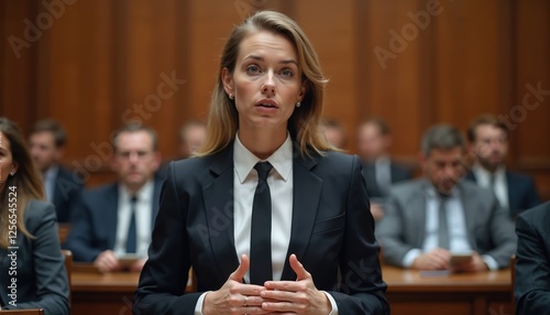 Confident woman presents arguments before legal authority in courtroom. Attorney debates case, conflicts verdict, follows penal code. Trial session with jury, prosecution, defence. Lawyer provides