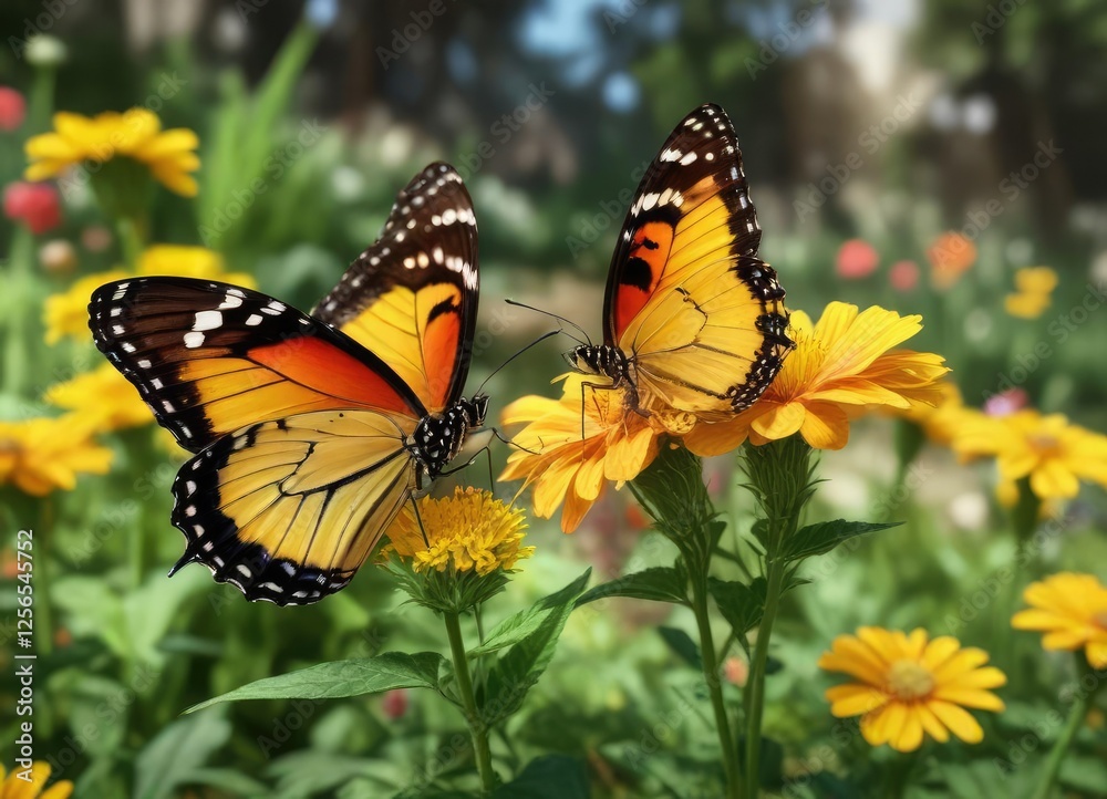 Fototapeta premium Colorful butterfly on a yellow flower in the garden, large southern white ascia monuste, nature
