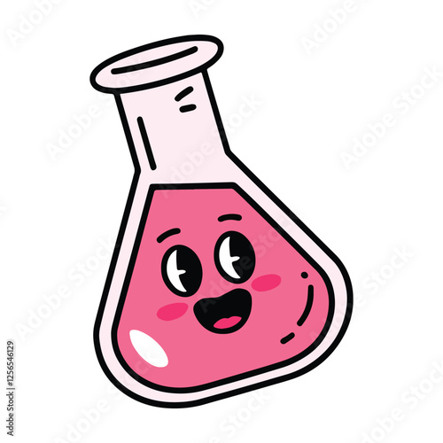 Kawaii school lab flask vector illustration. Cute smiling chemistry flask with liquid inside, isolated on white background. Perfect for science, education, and school designs.
