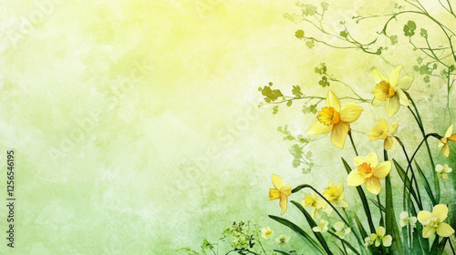 Watercolor Spring Background with Vibrant Yellow Daffodils and Delicate Greenery. Concept of Nature's Renewal, Floral Beauty, Seasonal Freshness, Colorful Blossom. Copy space