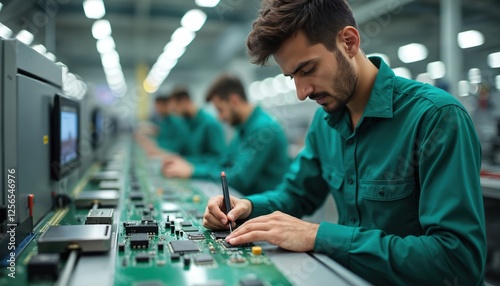 Young man of turkish descent in green shirt works on circuit board at factory assembly line. Modern tech, electronic manufacturing, innovation, digital device, hardware development, engineering