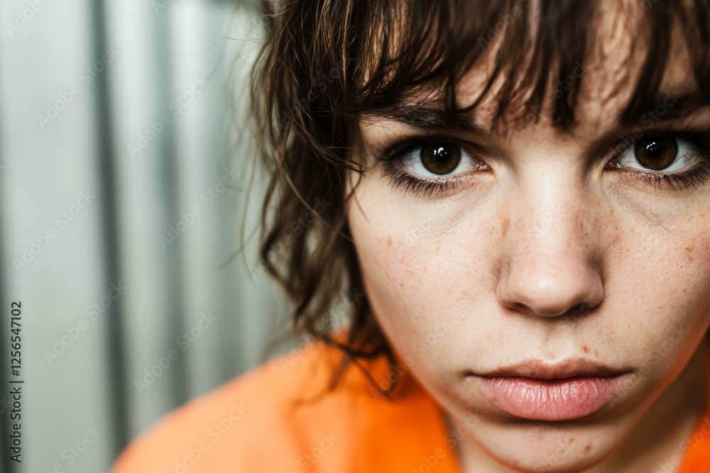 Serious young caucasian female with freckles and brown hair in orange shirt Serious young caucasian female with freckles and brown hair in orange shirt