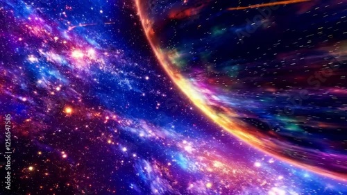 Take a journey through space with high-speed travel across starfields, featuring luminous light trails and an exciting wormhole adventure.