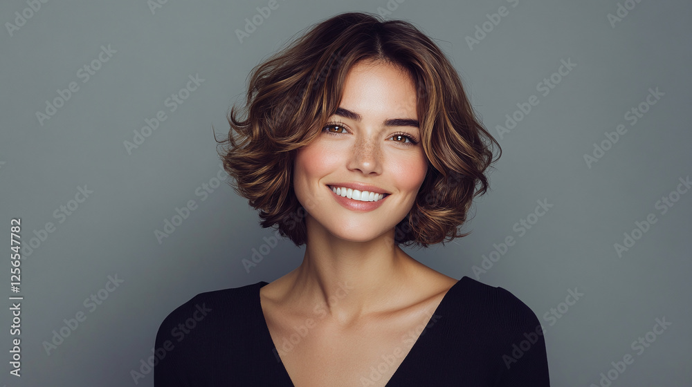 Fototapeta premium Beautiful smiling brunette woman with short wavy hair in black v-neck top isolated on grey background.