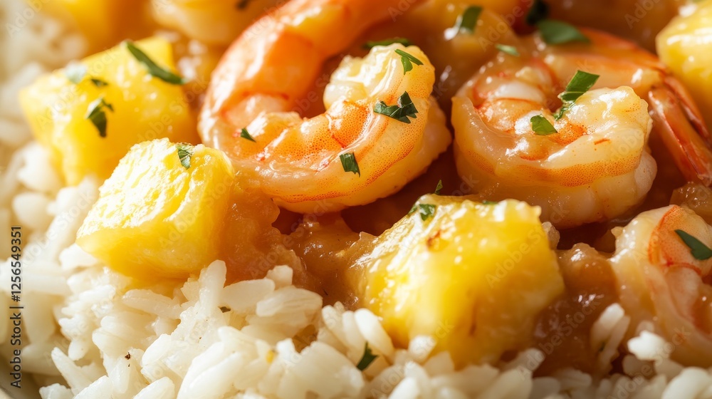 Close-up of rice with tangy pineapple and shrimp stir-fry. Featuring juicy shrimp and pineapple chunks in a tangy sauce. Emphasizing a tropical, flavorful dish. Close-up of rice with tangy pineapple and shrimp stir-fry. Featuring juicy shrimp and pineapple chunks in a tangy sauce. Emphasizing a tropical, flavorful dish.