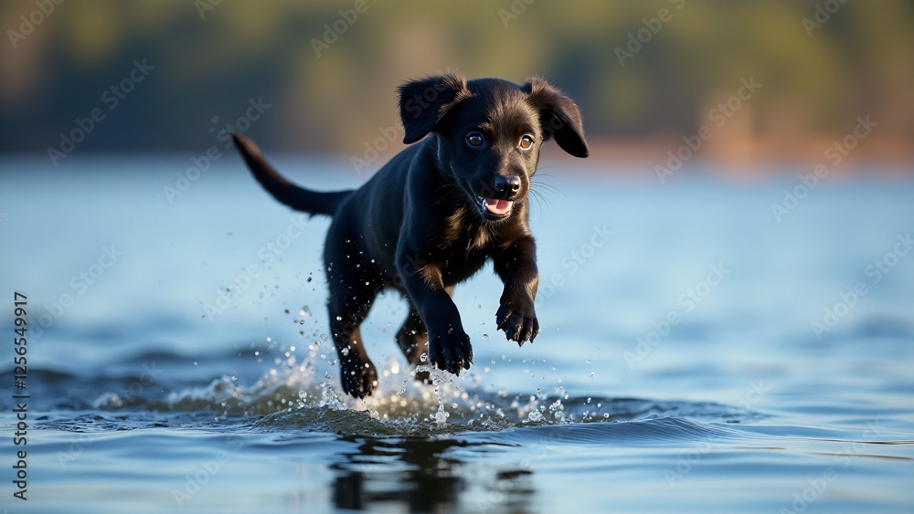A sleek Flat-Coated Retriever puppy leaps mid-air toward a deep blue lake, black fur gleaming. Its long ears flap back as ripples form, moments before a joyful splashdown. A sleek Flat-Coated Retriever puppy leaps mid-air toward a deep blue lake, black fur gleaming. Its long ears flap back as ripples form, moments before a joyful splashdown.