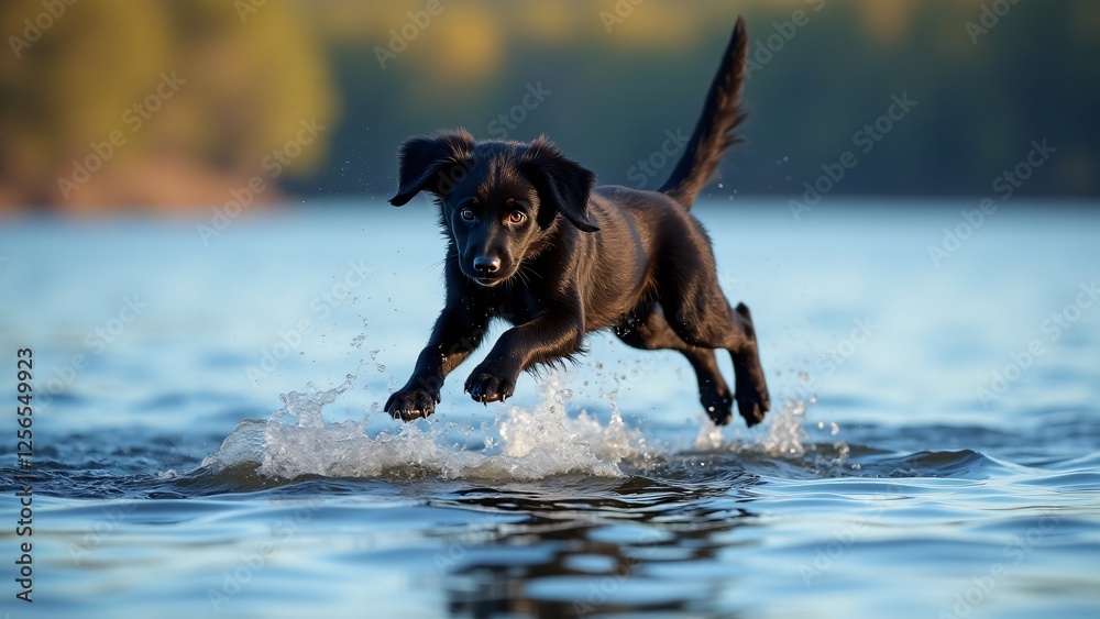 A sleek Flat-Coated Retriever puppy leaps mid-air toward a deep blue lake, black fur gleaming. Its long ears flap back as ripples form, moments before a joyful splashdown. A sleek Flat-Coated Retriever puppy leaps mid-air toward a deep blue lake, black fur gleaming. Its long ears flap back as ripples form, moments before a joyful splashdown.