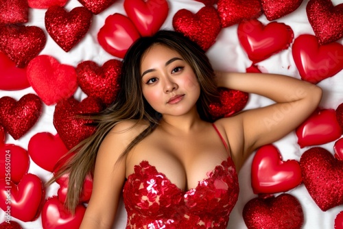 Valentine's day greeting from woman or for woman. Remarkable bold image of lovely loving asian adult woman - commercial idea creative design idea. Romance and beauty. Girl in love.