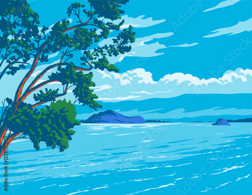 WPA poster art of Taiputuputu Pahi Beach in Paihia in the Bay of Islands located in the North Island of New Zealand done in works project administration or federal art project art deco style. photo