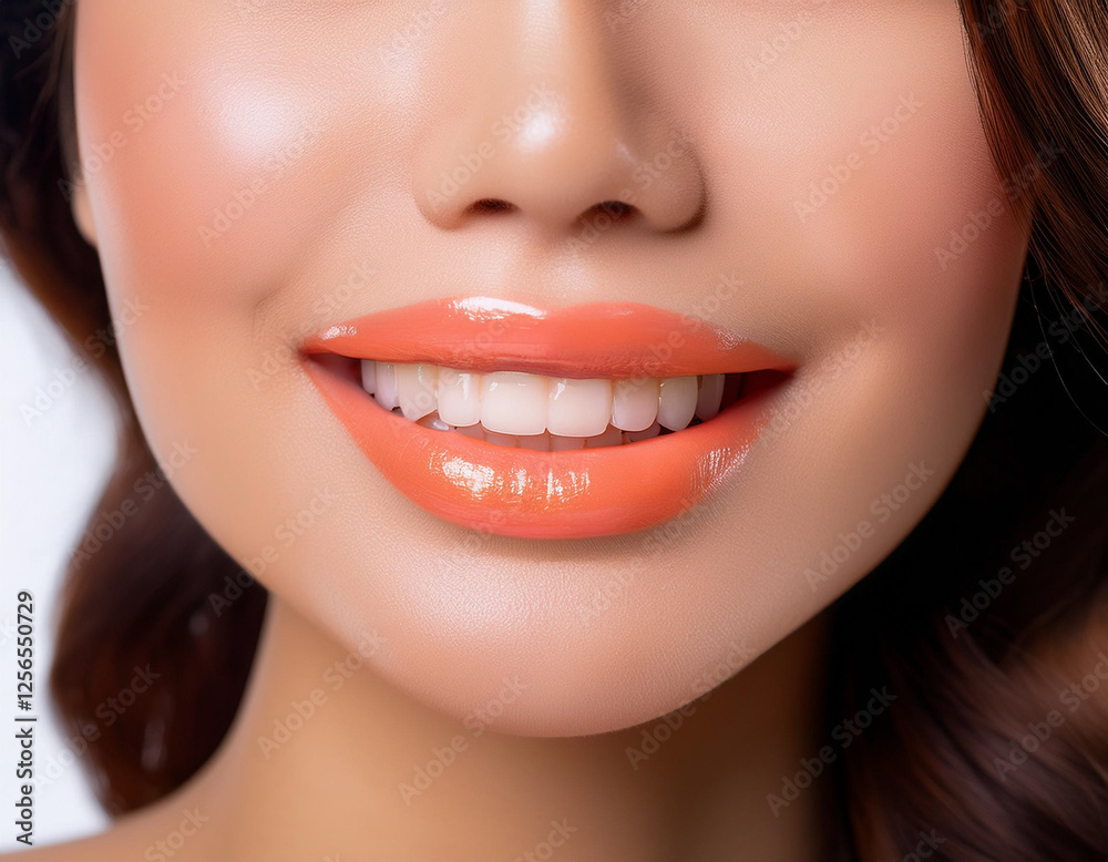 Fototapeta premium Soft coral lips in a serene smile, embodying tranquility and gentle joy.
