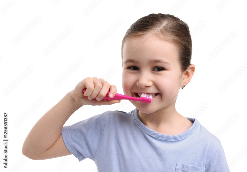 Cute girl brushing her teeth on white background Cute girl brushing her teeth on white background