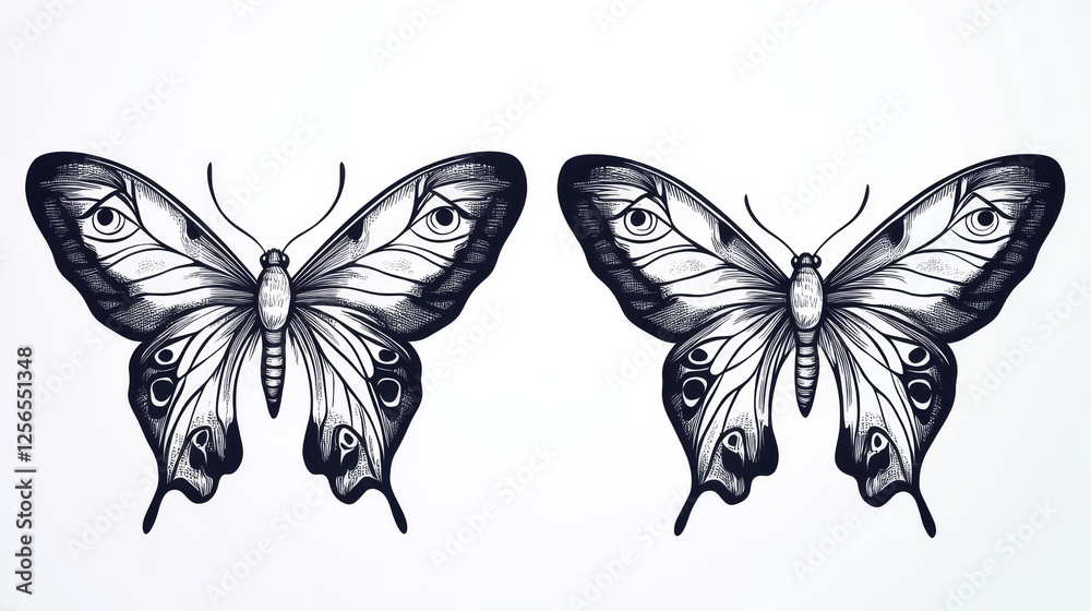Outline butterfly silhouettes and contours. Moth vector insect logo with open and closed wings, isolated summer or spring butterfly. Tattoo design, spa or beauty salon symbol Outline butterfly silhouettes and contours. Moth vector insect logo with open and closed wings, isolated summer or spring butterfly. Tattoo design, spa or beauty salon symbol